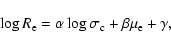 \begin{displaymath}%
\log R_{\rm e} = \alpha \log \sigma_{\rm c} + \beta \mu_{\rm e} + \gamma,
\end{displaymath}