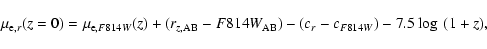 \begin{displaymath}%
\mu_{{\rm e},r}(z=0) = \mu_{{\rm e},F814W}(z) + (r_{z,{\rm AB}} - F814W_{\rm AB}) - (c_r - c_{F814W})
- 7.5\log~ (1+z),
\end{displaymath}