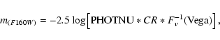 \begin{displaymath}%
m_{(F160W)} = -2.5 \log\left[{\rm PHOTNU}*CR*F^{-1}_\nu({\rm Vega})\right],
\end{displaymath}