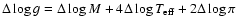 $\Delta\log g =
\Delta\log M + 4 \Delta\log T_{\rm eff}+ 2 \Delta\log\pi$