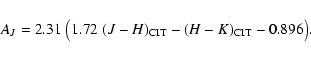 \begin{displaymath}A_J = 2.31 ~\big( 1.72~(J-H)_{\rm CIT} -(H-K)_{\rm CIT} -0.896\big).
\end{displaymath}