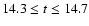 $14.3 \leq t\leq 14.7$