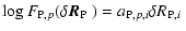 $\displaystyle \log F_{{\rm P},p}(\mbox{$\delta \vec{R}_{{\rm P}}$ }) = a_{{\rm P},p,i} \mbox{$\delta R_{{\rm P},i}$ }$