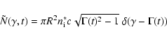 \begin{displaymath}%
\tilde N(\gamma,t)= \pi R^2 n_{\rm i}^{\ast} c
\sqrt{\Gamma(t)^2-1}~ \delta(\gamma-\Gamma(t))
\end{displaymath}