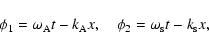 \begin{displaymath}{\phi_1}={\omega_{\rm A}}t - k_{\rm A}x,~~~~{\phi_2}={\omega_{\rm s}}t - k_{\rm s}x,
\end{displaymath}