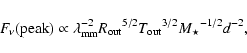 \begin{displaymath}F_\nu {\rm (peak)} \propto \lambda_{\rm mm}^{-2}
\ensuremath{...
...th{T_\ensuremath{{\rm out}}} {}^{3/2} M_\star{}^{-1/2} d^{-2},
\end{displaymath}