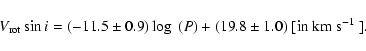 \begin{displaymath}
V_{\rm rot} \sin i = (-11.5 \pm 0.9) \log~(P) + (19.8 \pm 1.0)
\mbox{ [in km~s$^{-1}$ ]}.
\end{displaymath}