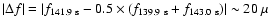 $\vert\Delta f\vert=\vert f_{141.9~\rm s}-0.5\times (f_{139.9~\rm s}+f_{143.0~\rm s})\vert\sim 20~\mu $