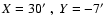 $X = 30\hbox{$^\prime$ },\ Y =
-7\hbox{$^\prime$ }$
