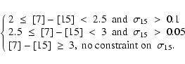 \begin{displaymath}
\left\{ \begin{array}{l}
2 ~ \leq ~ [7]-[15] ~ < ~ 2.5 ~ \mb...
...mbox{no constraint on~} ~ \sigma_{15} .\\
\end{array} \right.
\end{displaymath}