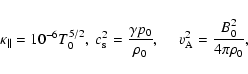 \begin{displaymath}\kappa_{\Vert}=10^{-6}T_0^{5/2},~ c_{\rm s}^2=\frac{\gamma p_0}{\rho_0},~\quad v_{\rm A}^2=\frac{B_0^2}{4\pi\rho_0},
\end{displaymath}