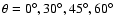 $\theta=0^{\circ}, 30^{\circ},45^{\circ}, 60^{\circ}$
