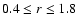 $0.4 \le r \le 1.8$
