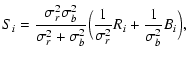 $\displaystyle S_i={\sigma_{r}^2\sigma_{b}^2 \over \sigma_{r}^2+\sigma_{b}^2}
\Bigl({1\over \sigma_{r}^2}R_i+{1\over \sigma_{b}^2}B_i\Bigr),$