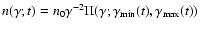 $n(\gamma;t)=n_0\gamma^{-2}\Pi(\gamma;\gamma_{\min}(t),\gamma_{\max}(t))$