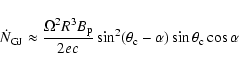 \begin{displaymath}\dot{N}_{\rm GJ}\approx {\Omega^2R^3B_{\rm p}\over 2 ec}
\sin^2(\theta_{\rm c}-\alpha)\sin\theta_{\rm c}\cos\alpha
\end{displaymath}