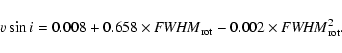 \begin{displaymath}v \sin i= 0.008 + 0.658 \times {\it {\it FWHM}}_{\rm rot} - 0.002 \times {\it {\it FWHM}}_{\rm rot}^2.
\end{displaymath}