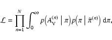 \begin{displaymath}
\mathcal{L} = \prod_{n=1}^N \int_0^\infty p\bigl( A_{\rm V}...
...bigr) p\bigl( \pi \bigm\vert \hat\pi^{(n)} \bigr) ~ \rm d\pi ,
\end{displaymath}
