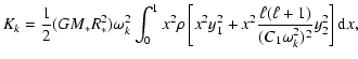 $\displaystyle K_{k} = \frac{1}{2} (G M_* R_*^2) \omega_{k}^2
\int_{0}^{1}
x^2 \...
... y_1^2 + x^2 \frac{\ell (\ell +1)}{(C_1
\omega_{k}^2)^2} y_2^2\right] {\rm d}x,$