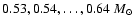 $0.53, 0.54, \ldots, 0.64~ M_{\odot}$