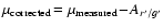 $\mu_{\rm corrected}\!=\mu_{\rm measured}\!-\!A_{r^{\prime}/g^{\prime}}$