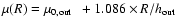 $\mu (R) = \hbox{$\mu_{0,\rm out}$ }~+
1.086 \times R/\hbox{$h_{\rm out}$ }~$