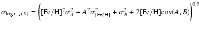 $\displaystyle \sigma_{\log\epsilon_{\rm nor}(X)}= \bigg([{\rm Fe/H}]^2\sigma_A^2+A^2\sigma^2_{[{\rm Fe/H}]}+\sigma_B^2
+ 2{\rm [Fe/H]cov}(A,B) \bigg)^{0.5}$