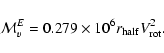 \begin{displaymath}{\cal M}^E_{v}=0.279\times 10^6r_{\rm half}V_{\rm rot}^2.
\end{displaymath}