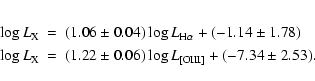 \begin{eqnarray*}\log L_{\rm X} &=& (1.06 \pm 0.04) \log L_{\rm H\alpha}+ (-1.14...
...m X} &=& (1.22 \pm 0.06) \log L_{\rm [OIII]} + (-7.34 \pm 2.53).
\end{eqnarray*}