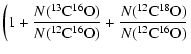 $\displaystyle \left(1 + \frac{N(^{13}{\rm C}^{16}{\rm O})}{N(^{12}{\rm C}^{16}{\rm O})} + \frac{N(^{12}{\rm C}^{18}{\rm O})}{N(^{12}{\rm C}^{16}{\rm O})} \right.$