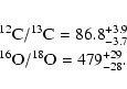 \begin{eqnarray*}&& ^{12}{\rm C}/^{13}{\rm C} = 86.8^{+3.9}_{-3.7}\\
&& ^{16}{\rm O}/^{18}{\rm O} = 479^{+29}_{-28}.
\end{eqnarray*}
