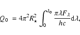 \begin{displaymath}\mbox{$Q_{0}$ }= 4\pi^2 R_{\star}^{2} \int_0^{\lambda_0}
\frac{\pi \lambda F_\lambda}{hc}\rm d\lambda,
\end{displaymath}