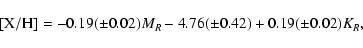 \begin{displaymath}[{\rm X}/{\rm H}]=-0.19(\pm 0.02)M_R -4.76(\pm 0.42)+0.19(\pm 0.02)K_R,
\end{displaymath}