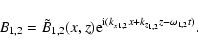 \begin{displaymath}
B_{1,2} =\tilde {B}_{1,2} {(x,z)\rm e}^{{{\rm i}(k}_{x 1,2} x+k_{z_{1,2} } z-\omega _{1,2} t)}.
\end{displaymath}