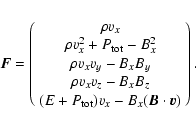\begin{displaymath}\vec{F}=\left( \begin{array}{c} \rho v_x \\
\rho v_x^2 +P_{\...
...rm tot})v_x - B_x(\vec{B} \cdot \vec{v}) \end{array} \right) .
\end{displaymath}