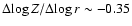 $\Delta\! \log Z/\Delta\!
\log r \sim -0.35$