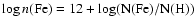 $\log n(\rm {Fe})=12+\log
(N(\rm {Fe})/N(\rm {H}))$