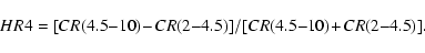 \begin{displaymath}HR4 = [CR(4.5{-}10)\! - \!CR(2{-}4.5)]/[CR(4.5{-}10)\! +\! CR(2{-}4.5)].\end{displaymath}