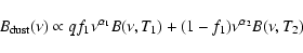 \begin{displaymath}B_{\rm dust}(\nu) \propto q f_1 \nu^{\alpha_1} B(\nu, T_1) + (1-f_1)
\nu^{\alpha_2} B(\nu, T_2)
\end{displaymath}