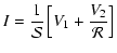 $\displaystyle I = \frac 1{\mathcal S} \left[V_1 + \frac{V_2}{\mathcal R}
\right]$