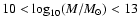 $10 < \log_{10}(M/M_{\odot}) < 13$