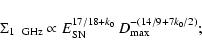 \begin{displaymath}\Sigma_{\rm 1~~GHz} \propto E_{\rm SN}^{17/18 + k_{0}} ~D_{\rm max }^{ - (14/9 + 7k_{0} /2)};
\end{displaymath}
