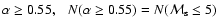 $\alpha \ge 0.55,~~~N(\alpha \ge 0.55) = N({\cal M}_{\rm s} \le 5)$