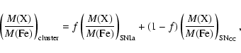 \begin{displaymath}\left( \frac{M({\rm X})}{M({\rm Fe})}
\right)_{{\rm cluster}}...
...f)\left(\frac{M({\rm X})}{M({\rm Fe})}\right)_{{\rm SN_{CC}}},
\end{displaymath}