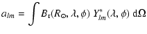 $\displaystyle %
a_{lm}= \int B_{\rm r}(R_{\odot},\lambda,\phi)\;Y_{lm}^*(\lambda,\phi) ~
{\rm d}\Omega$