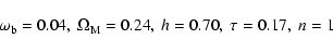 \begin{displaymath}\omega_{\rm b} = 0.04 , \ \Omega_{\rm M} = 0.24 , \ h = 0.70 , \ \tau =
0.17 , \ n = 1
\end{displaymath}