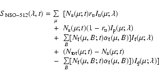 \begin{displaymath}\begin{array}{rll}
S_{\rm NSO-512}(\lambda,t) = \sum\limits_...
...(\mu,B;t) \alpha_{\rm f}(\mu,B)]) I_q(\mu;\lambda)]
\end{array}\end{displaymath}