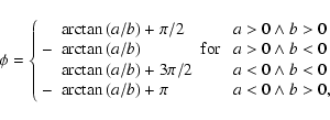 \begin{displaymath}%
\phi =
\left\{
\begin{array}{llll}
&\arctan{(a/b)}+\pi/...
...n{(a/b)}+\pi & & a < 0 \wedge b > 0, \\
\end{array}
\right.
\end{displaymath}