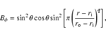 \begin{displaymath}%
B_\phi = \sin^2\theta\cos\theta\sin^2\left[\pi\left(\frac{r-r_{\rm i}}{r_{\rm o}-r_{\rm i}}\right)^q\right],
\end{displaymath}