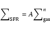 \begin{displaymath}{\sum}_{\rm SFR} = A {{\sum}^n_{\rm gas}}
\end{displaymath}
